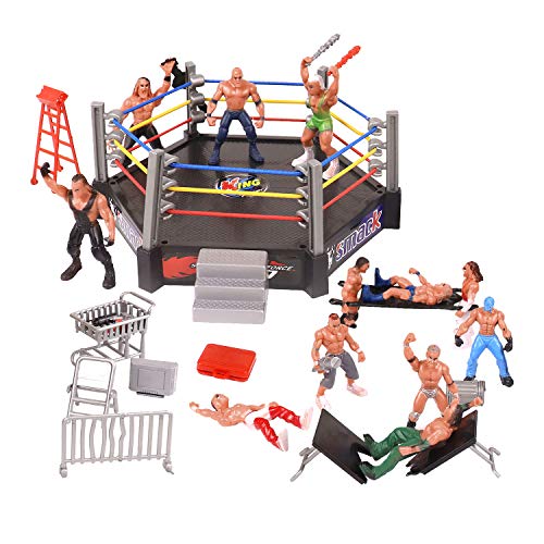 YIJIAOYUN Wrestling Figuren, Wrestling-Spielset enthält 1 Ring, 12 Miniatur-Action-Wrestling-Spieler und mehrere realistische Accessoires für Kinder