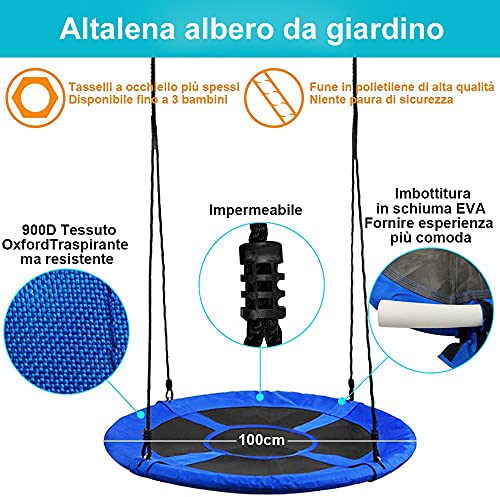 YOLEO Columpio de Jardín para Niños, Columpio Redondo Arbol para Niños al Aire Libre, Altura Ajustable, Tela Oxford, Carga Máxima 150KG para hasta 3 niños, Azul