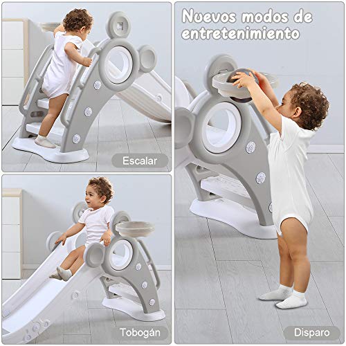 YOLEO Tobogán Infantil Plegable, Tobogán para Niños Exterior y Interior con Canasta de Baloncesto, Multifunción e Seguro, 125 x 33 x 66 cm, hasta 25 kg, Gris