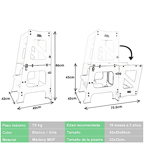 YOLEO Torre Aprendizaje Transformer, Torre Montessori para niños y bebés, Plegable Learning Tower con Pizarra Blanca y Negra magnéticas, Blanco - Madera