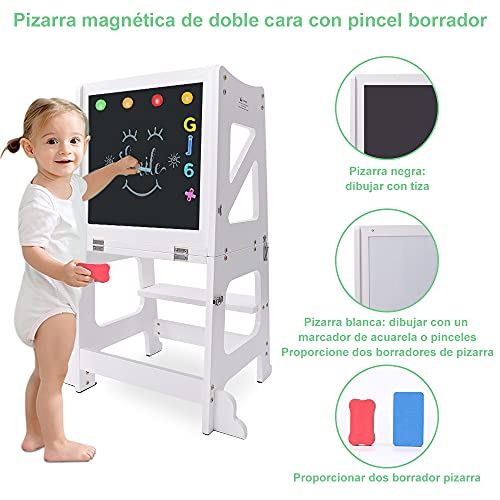 YOLEO Torre Aprendizaje Transformer, Torre Montessori para niños y bebés, Plegable Learning Tower con Pizarra Blanca y Negra magnéticas, Blanco - Madera