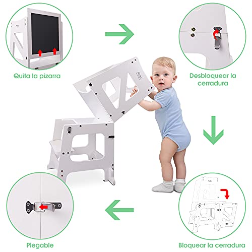 YOLEO Torre Aprendizaje Transformer, Torre Montessori para niños y bebés, Plegable Learning Tower con Pizarra Blanca y Negra magnéticas, Blanco - Madera