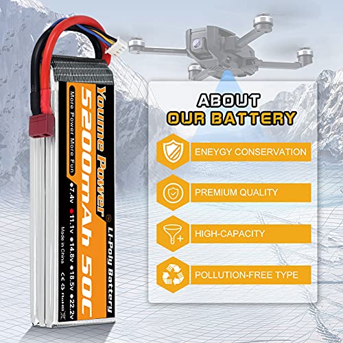 Youme Power 2 Paquetes de batería lipo de 11,1v 5200mAh,Batería Lipo 3S 50C con Deans T Enchufar para Coche/Camión RC, Barco, Dron, Buggy, Truggy, Helicóptero RC, Avión RC, UAV, FPV (Corto)