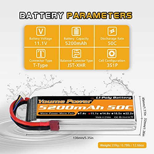 Youme Power 2 Paquetes de batería lipo de 11,1v 5200mAh,Batería Lipo 3S 50C con Deans T Enchufar para Coche/Camión RC, Barco, Dron, Buggy, Truggy, Helicóptero RC, Avión RC, UAV, FPV (Corto)