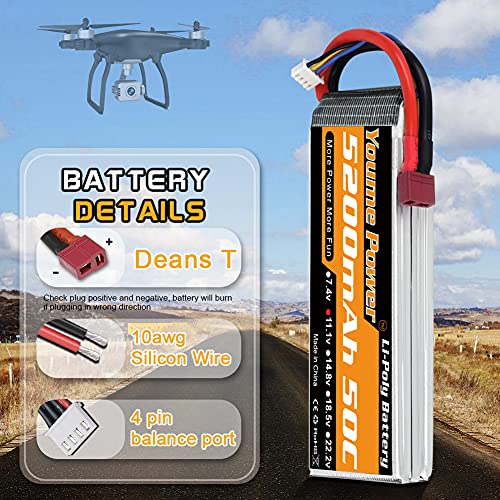 Youme Power 2 Paquetes de batería lipo de 11,1v 5200mAh,Batería Lipo 3S 50C con Deans T Enchufar para Coche/Camión RC, Barco, Dron, Buggy, Truggy, Helicóptero RC, Avión RC, UAV, FPV (Corto)