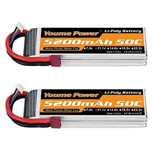 Youme Power 2 Paquetes de batería lipo de 11,1v 5200mAh,Batería Lipo 3S 50C con Deans T Enchufar para Coche/Camión RC, Barco, Dron, Buggy, Truggy, Helicóptero RC, Avión RC, UAV, FPV (Corto)