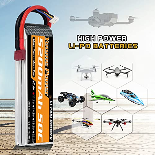 Youme Power 2 Paquetes de batería lipo de 11,1v 5200mAh,Batería Lipo 3S 50C con Deans T Enchufar para Coche/Camión RC, Barco, Dron, Buggy, Truggy, Helicóptero RC, Avión RC, UAV, FPV (Corto)