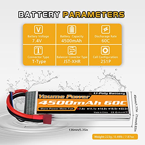 Youme Power Batería LiPo 2S, Baterías Lipo RC de 7.4V 4500mAh 60C con Conector en T Estilo Dean por RC Heli Avión Quadcopter Helicóptero Multimotor Hobby Piezas de Bricolaje (2 Paquetes)