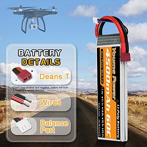 Youme Power Batería LiPo 2S, Baterías Lipo RC de 7.4V 4500mAh 60C con Conector en T Estilo Dean por RC Heli Avión Quadcopter Helicóptero Multimotor Hobby Piezas de Bricolaje (2 Paquetes)