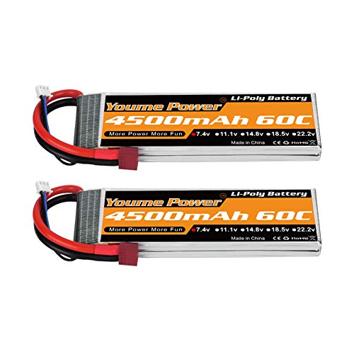 Youme Power Batería LiPo 2S, Baterías Lipo RC de 7.4V 4500mAh 60C con Conector en T Estilo Dean por RC Heli Avión Quadcopter Helicóptero Multimotor Hobby Piezas de Bricolaje (2 Paquetes)