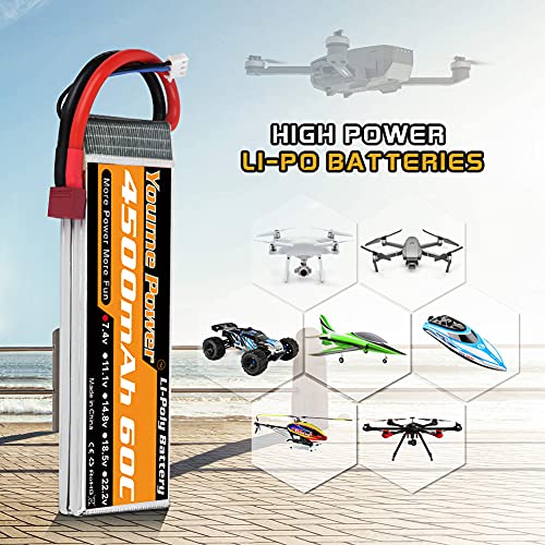 Youme Power Batería LiPo 2S, Baterías Lipo RC de 7.4V 4500mAh 60C con Conector en T Estilo Dean por RC Heli Avión Quadcopter Helicóptero Multimotor Hobby Piezas de Bricolaje (2 Paquetes)