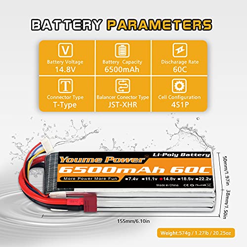 Youme Power Batería Lipo 4S,Lipo 4S de 14,8 V 6500 mAh 60C con Deans T Plug para Traxxas Slash X-Maxx Buggy RC Truggy Tractor Monstruo Coche,Helicóptero,Avión (2 Paquetes)