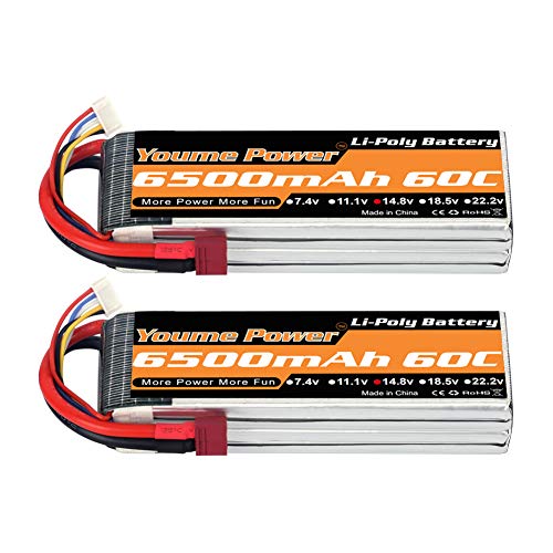 Youme Power Batería Lipo 4S,Lipo 4S de 14,8 V 6500 mAh 60C con Deans T Plug para Traxxas Slash X-Maxx Buggy RC Truggy Tractor Monstruo Coche,Helicóptero,Avión (2 Paquetes)