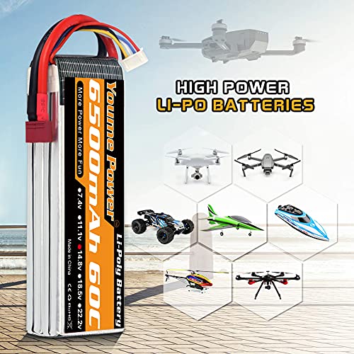 Youme Power Batería Lipo 4S,Lipo 4S de 14,8 V 6500 mAh 60C con Deans T Plug para Traxxas Slash X-Maxx Buggy RC Truggy Tractor Monstruo Coche,Helicóptero,Avión (2 Paquetes)