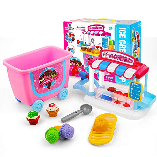 YUEBAOBEI Juego De Juego De Carrito De Helados, Juego De Juego De Comida Simulada para Niños Actividad Y Desarrollo Temprano Educación Regalo De Cumpleaños para Niños (31 Piezas)