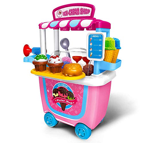 YUEBAOBEI Juego De Juego De Carrito De Helados, Juego De Juego De Comida Simulada para Niños Actividad Y Desarrollo Temprano Educación Regalo De Cumpleaños para Niños (31 Piezas)