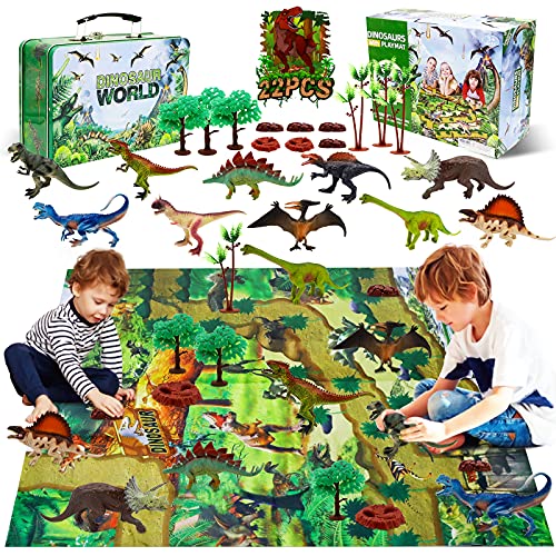 YUNKE Figura de Juguete de Dinosaurio, 22 Piezas para Niños, Juego Realista de Dinosaurio, Aprendizaje Educativo Regalo de Dinosaurio con Tapete de Juego y árboles, T-Rex, Triceratops, Pterosaurio