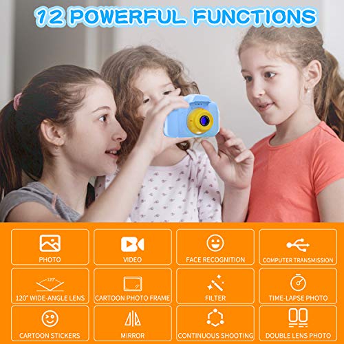 YunLone Cámara para Niños 12MP Selfie Cámara Digital 1080P HD Video Cámara Infantil 32GB TF Tarjeta, Estuche de Transporte, Batería Recargable 1200 mAh,2 Pulgadas, Regalos Juguete - Azul