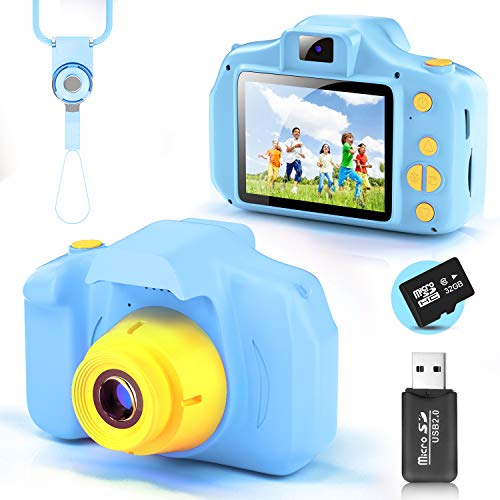 YunLone Cámara para Niños 12MP Selfie Cámara Digital 1080P HD Video Cámara Infantil 32GB TF Tarjeta, Estuche de Transporte, Batería Recargable 1200 mAh,2 Pulgadas, Regalos Juguete - Azul