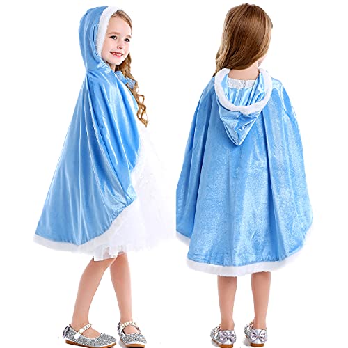 ZaisuiFun Capa Princesa Niñas con Capucha para Disfraz de Carnaval Cosplay Halloween Fiesta Navidad, Azul, 116-122(Etiqueta 120)