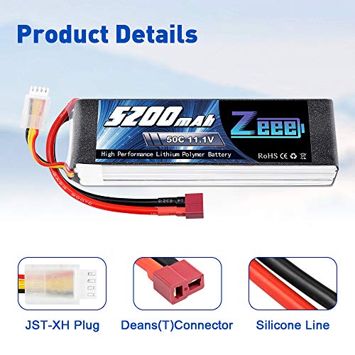 Zeee 3S - Batería LiPo (11,1 V, 50 C, 5200 mAh, con conector Deans T para coche teledirigido, avión teledirigido, helicóptero teledirigido, hobby RC (2 paquetes)