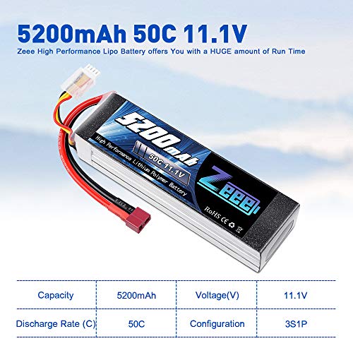 Zeee 3S - Batería LiPo (11,1 V, 50 C, 5200 mAh, con conector Deans T para coche teledirigido, avión teledirigido, helicóptero teledirigido, hobby RC (2 paquetes)