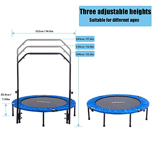 Zenph Trampolín Fitness, trampolín Plegable con pasamanos Ajustable, Cubierta silenciosa de protección del Medio Ambiente para pies, Carga máxima de 150 kg