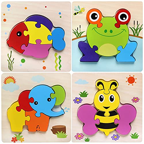 ZWOOS Puzzles de Madera Juguetes Bebes 4 Piezas De Madera Rompecabezas Set Colorido Rompecabezas de Animales Juguetes niños 1 2 3 4 años，Regalo Educativo Preescolar de Aprendizaje temprano para niños