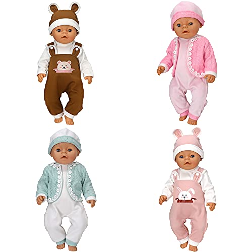 ZWOOS Ropa de Muñeca Bebé para New Born Baby Doll, Adorable Traje con Sombrero para Muñecas 35-43 cm, Paquete de 4