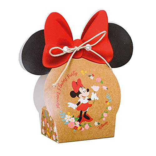 10 cajitas con silueta de Minnie de cartón con lazo rojo y flores, ideas de bricolaje Disney para nacimiento, bautizo y niña (con peladillas celestes)