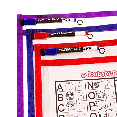 10 Fundas Fichas Reutilizables Papel A4 | Dry Erase Pockets Grandes 36x26cm | PET Reciclable Ecológico | 10 Colores,10 Rotuladores,2 Borradores,2 Globos | Material Escolar,Colegio,Guardería,Ludoteca