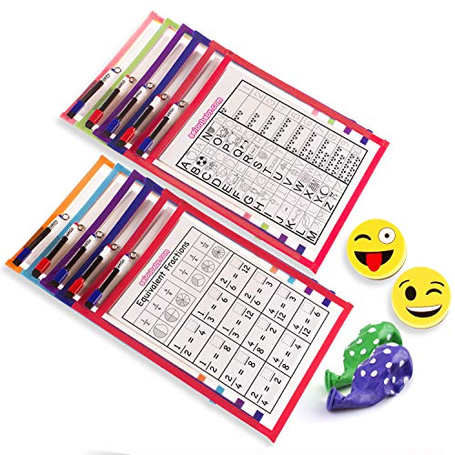 10 Fundas Fichas Reutilizables Papel A4 | Dry Erase Pockets Grandes 36x26cm | PET Reciclable Ecológico | 10 Colores,10 Rotuladores,2 Borradores,2 Globos | Material Escolar,Colegio,Guardería,Ludoteca