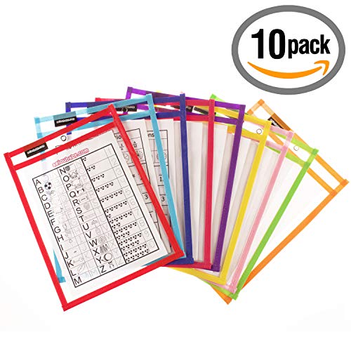 10 Fundas Fichas Reutilizables Papel A4 | Dry Erase Pockets Grandes 36x26cm | PET Reciclable Ecológico | 10 Colores,10 Rotuladores,2 Borradores,2 Globos | Material Escolar,Colegio,Guardería,Ludoteca