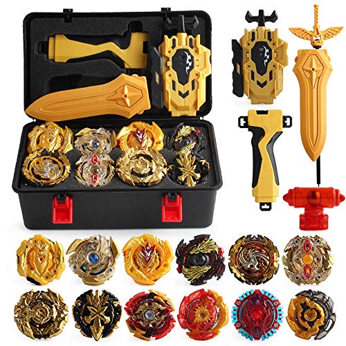 12 Pcs Peonzas Juguetes Conjunto, con Estuche Portátil, Gyro Spinner con 2 Burst Turbo Launcher Set, Cumpleaños, Navidad Regalo, Regalo de año Nuevo para los Niños, Dorado