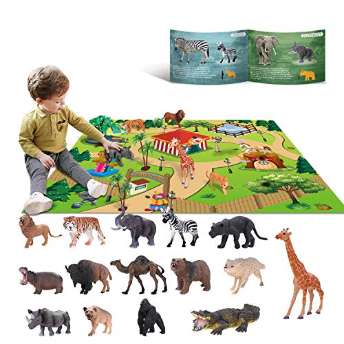 15 Juguetes de animales para niños de 3 4 5 6 años de edad juego salvaje de la selva juguetes educativos de plástico para animales con alfombrilla de juego regalos de fiesta de tigre y león para niños