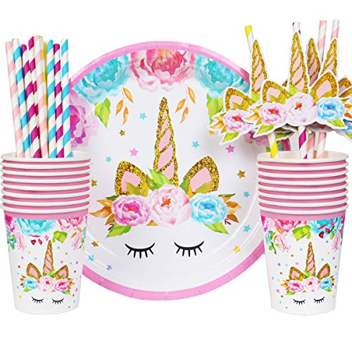 16 Invitados Kit Cumpleaños Unicornio Niña Platos Desechables Vasos Pajitas Servilletas Mantel Diadema Unicornio Guirnalda Feliz Cumpleaños Globos Fiestas Infantiles Decoracion Cumpleaños Unicornio