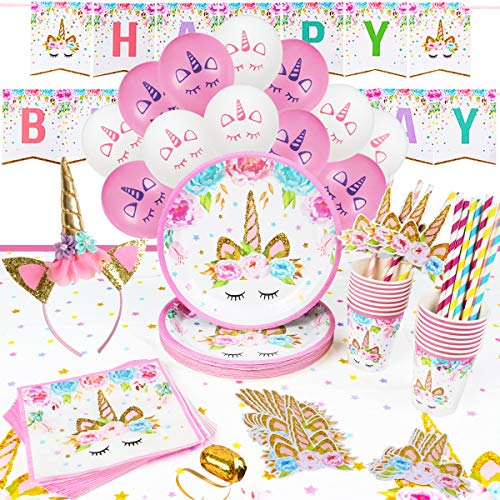 16 Invitados Kit Cumpleaños Unicornio Niña Platos Desechables Vasos Pajitas Servilletas Mantel Diadema Unicornio Guirnalda Feliz Cumpleaños Globos Fiestas Infantiles Decoracion Cumpleaños Unicornio