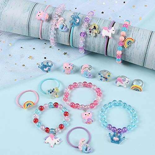 18 Piezas Pulseras y Anillos para Niña Joyas Niña Unicornio Sirena Corona Mariposa Pulseras Anillos Ajustables Princesa Joyería Regalo de Fiesta de Cumpleaños para Chica