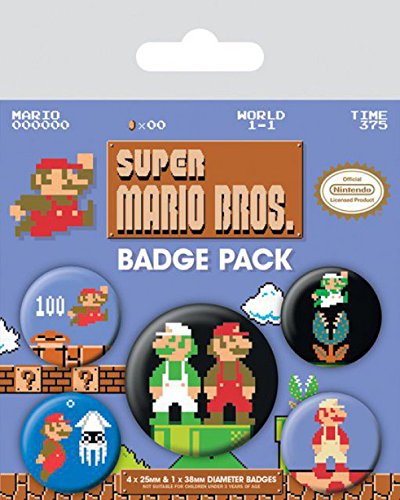 1art1 Super Mario - Bros, Retro 1 X 38mm & 4 X 25mm Chapas Set De Chapas (15 x 10cm)