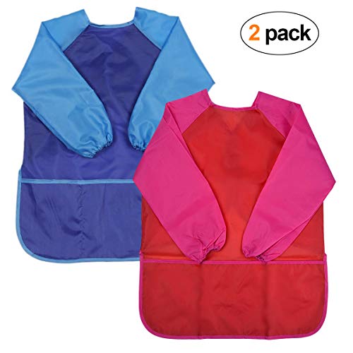 2 Piezas Delantal Infantil Pintura, Bata Impermeable Niño, Blusón Babero con Bolsillos De Manga 3 Larga para 5-10 Niños Dibujar de Arte Escolar, Azul & Rojo (Medio)