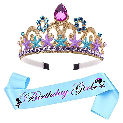 2 piezas Tiara de corona sirena,corona de princesa para vestir,palabra morada con purpurina,para niñas,mujeres,suministros para fiestas de cumpleaños decoraciones