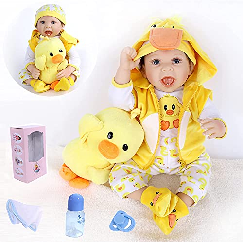 22 Pulgadas 55 Cm Muñecas Reborn Suave Silicona Vinyl Realista Bebé Reborn Niño Reborn Toddlers Regalo Juguetes Reborn Dolls Viene con un Gran Peluche de Pato Amarillo.