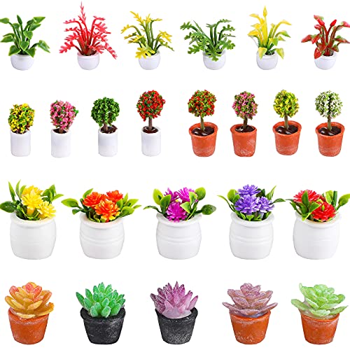 25 Piezas Plantas en Macetas de Casa de Muñecas 1:12 Planta Artificial en Miniatura Modelo Pequeño de Bonsai Figura Modelo de Mini Planta Mini Maceta Suculentas Falsas (Estilo Lindo)