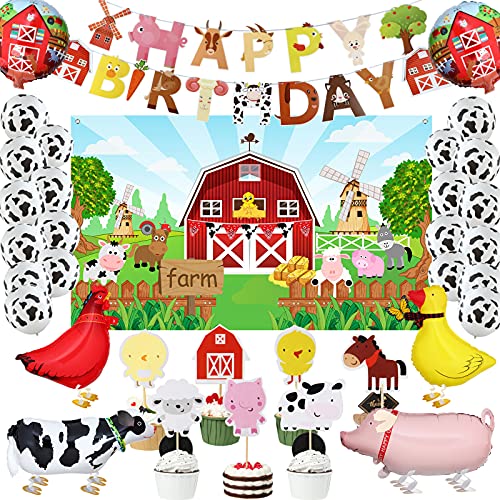 35 Piezas Set de Fiesta de Cumpleaños de Animal de Granja, Bandera Telón de Fondo de Granero de Animales de Granja Globos de Caminar de Animal Granja Topper de Magdalena Decoración de Fiesta