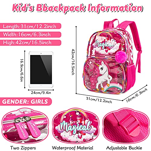 3PCS Mochila para niños con lonchera Caja de lápices Mochila Escolar Impermeable Transparente para niñas Unicornio Rosa