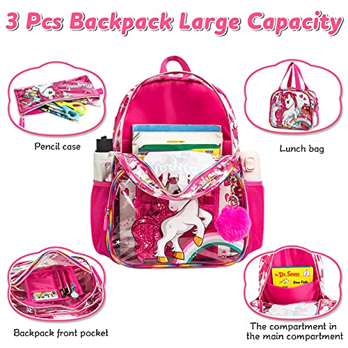 3PCS Mochila para niños con lonchera Caja de lápices Mochila Escolar Impermeable Transparente para niñas Unicornio Rosa