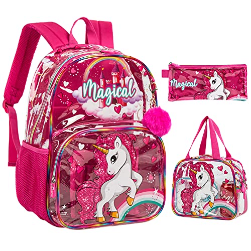 3PCS Mochila para niños con lonchera Caja de lápices Mochila Escolar Impermeable Transparente para niñas Unicornio Rosa