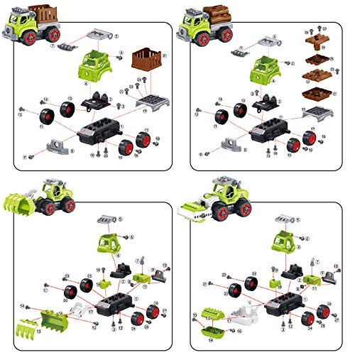 4 in 1 Desmontar y Ensamblarde Vehiculos de Granja Juguete teledirigido Tractor Juguete Excavador Juguete con Música Ligero Función Ensamblar Vehículos de Juguete Stem Regalo Niño 4 5 6 7 8 años