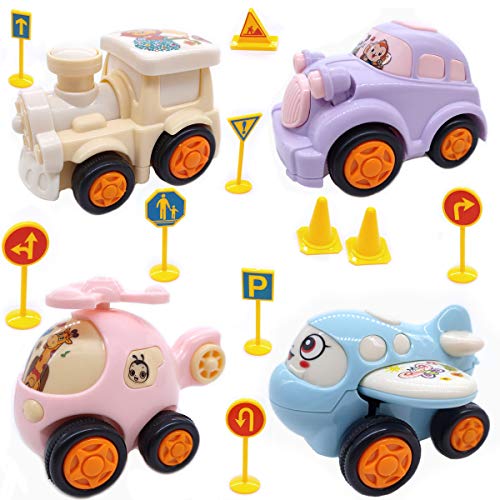 4 Unids Push and Go Cars Vehículos de Fricción de Dibujos Animados Juego de Juguete para Niños Niñas Bebés y Niños Pequeños Regalos Creativos de 1 Año