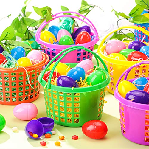 48 Piezas Juego de Cestas de Huevos de Pascua Incluye 6 Cestas de Plástico de Búsqueda Huevos de Pascua con Asa 36 Huevos de Plástico de Sorpresa Rellenables Coloridos 6 Papeles Tisú Rafia